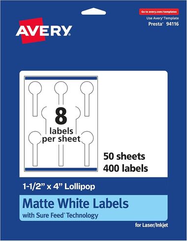 Avery Matte White Lollipop Labels, Sure Feed Technology, 1.5" x 4", 400 White Labels, Print-to-The-Edge, Permanent Adhesive, Laser/Inkjet Printable in Saudi Arabia