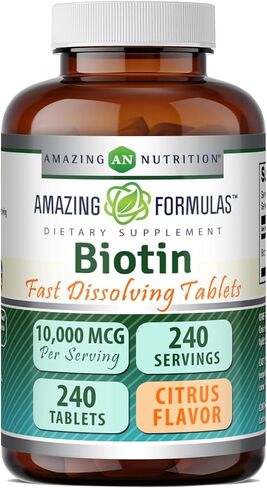 Amazing Formulas Biotin Supplement 10000 mcg (Non-GMO, Gluten Free) - Supports Healthy Hair, Skin & Nails - Promotes Cell Rejuvenation (Fast Dissolve Tablets, 240 Count (Citrus)) in Kuwait