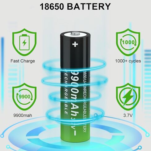 بطارية قابلة للشحن 3.7 فولت، سعة عالية 9900 مللي أمبير في الساعة، بطارية قابلة لإعادة الشحن 18650 للمصابيح الأمامية (زر علوي، عبوتان) in Kuwait