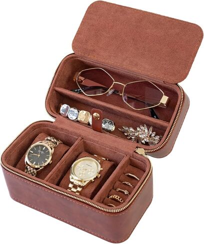 Watch and Jewelry Travel Case for Men & Women, Luxury PU Leather Organizer for 2 Watches, Rings, Earrings & Sunglasses - Black - Zippered Compact Travel Storage Jewelry Holder Gift (BROWN) in Saudi Arabia