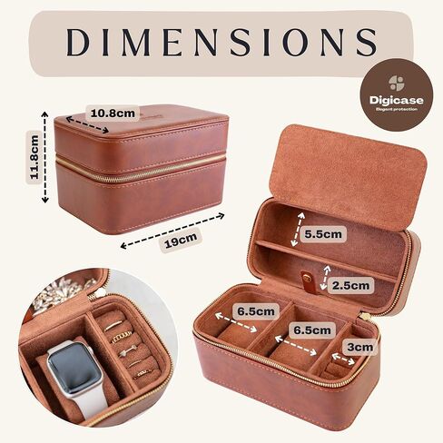 Watch and Jewelry Travel Case for Men & Women, Luxury PU Leather Organizer for 2 Watches, Rings, Earrings & Sunglasses - Black - Zippered Compact Travel Storage Jewelry Holder Gift (BROWN) in Saudi Arabia