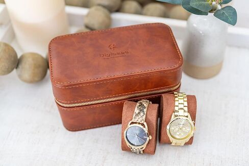 Watch and Jewelry Travel Case for Men & Women, Luxury PU Leather Organizer for 2 Watches, Rings, Earrings & Sunglasses - Black - Zippered Compact Travel Storage Jewelry Holder Gift (BROWN) in Saudi Arabia