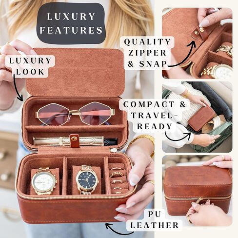 Watch and Jewelry Travel Case for Men & Women, Luxury PU Leather Organizer for 2 Watches, Rings, Earrings & Sunglasses - Black - Zippered Compact Travel Storage Jewelry Holder Gift (BROWN) in Saudi Arabia