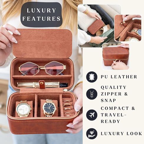 Watch and Jewelry Travel Case for Men & Women, Luxury PU Leather Organizer for 2 Watches, Rings, Earrings & Sunglasses - Black - Zippered Compact Travel Storage Jewelry Holder Gift (BROWN) in Saudi Arabia