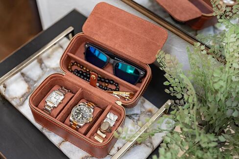Watch and Jewelry Travel Case for Men & Women, Luxury PU Leather Organizer for 2 Watches, Rings, Earrings & Sunglasses - Black - Zippered Compact Travel Storage Jewelry Holder Gift (BROWN) in Saudi Arabia