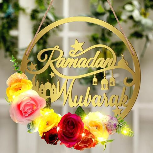 Yaocom 11.8 بوصة إكليل عيد مبارك معدني إكليل باب رمضان مع ضوء LED طوق معدني صناعي زهور معلقة إكليل إسلامي ربيعي معلق ديكور للباب الأمامي للمنزل (الأوركيد) in Saudi Arabia