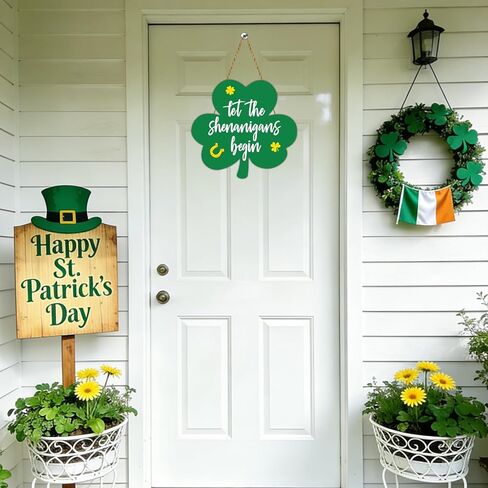 St Patricks Day Wreath St Patricks Day Door Decorations Shamrock Decorations Shamrock Wreath Hanging Sign Wooden Front Door Hanger Let The Shenanigans Begin Sign for Porch Wall Indoor Home Decor in Saudi Arabia