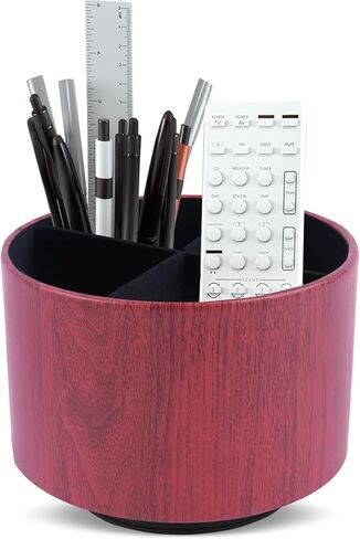 Round Leather Art Supply Organizer,Remote Control Holder,360 Degree Spinning,Multi-Functional Pencil Holder,4 Compartments Desktop Stationary Organizer(1-Wood Black) in Saudi Arabia