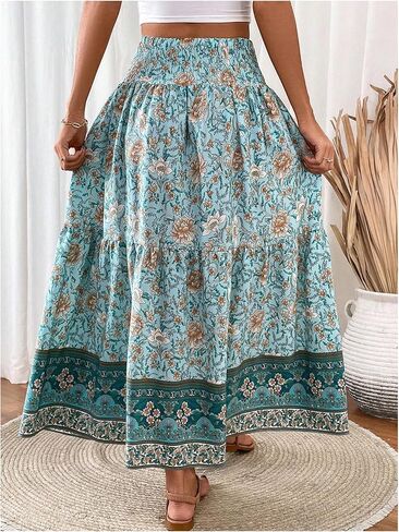 GORGLITTER Women's Boho Floral Flowy Maxi Skirt Summer Beach Ruffle Tiered High Waisted A Line Long Skirts in Saudi Arabia