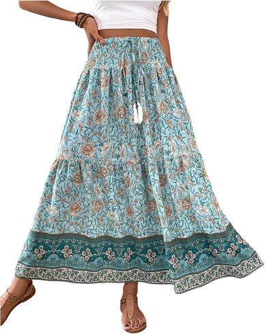 تنورة نسائية طويلة من GORGLITTER بتصميم بوهو منقوش عليها زهور للصيف والشاطئ مكشكشة بطبقات عالية الخصر تنانير طويلة على شكل حرف A in Kuwait