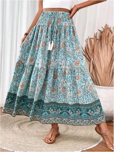GORGLITTER Women's Boho Floral Flowy Maxi Skirt Summer Beach Ruffle Tiered High Waisted A Line Long Skirts in Saudi Arabia