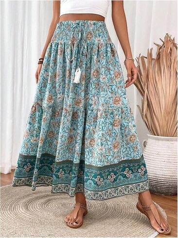 GORGLITTER Women's Boho Floral Flowy Maxi Skirt Summer Beach Ruffle Tiered High Waisted A Line Long Skirts in Saudi Arabia