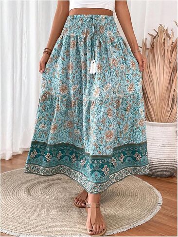 GORGLITTER Women's Boho Floral Flowy Maxi Skirt Summer Beach Ruffle Tiered High Waisted A Line Long Skirts in Saudi Arabia