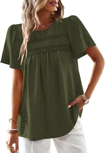 Poetsky Womens Summer Boho Tops Crewneck Short Sleeve Babydoll Shirts Casual Chiffon Work Blouses in Kuwait