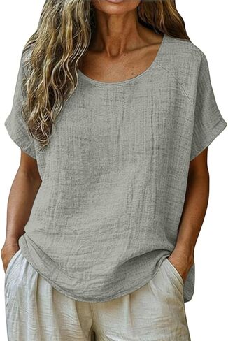قمصان الكتان للنساء الصيف القطن البلوزات عارضة فضفاضة تناسب قصيرة الأكمام قمم المتضخم الشاش تي شيرت عطلة العمل in Kuwait