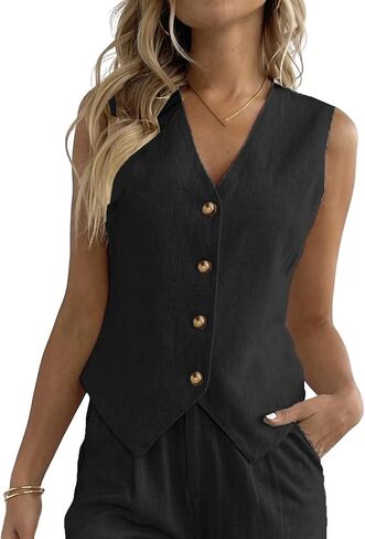 Women's Linen Vest V Neck Button Down Business Work Vacation Sleeveless Blazer Waistcoat Jacket in Kuwait