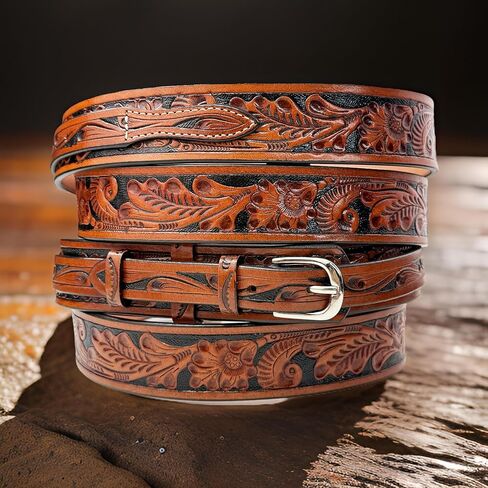 حزام جلدي غربي من رينجر، جلد محبب بالكامل منقوش بالزهور، حزام مسدس عالي التحمل من قطعة واحدة in Kuwait