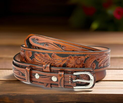 حزام جلدي غربي من رينجر، جلد محبب بالكامل منقوش بالزهور، حزام مسدس عالي التحمل من قطعة واحدة in Kuwait