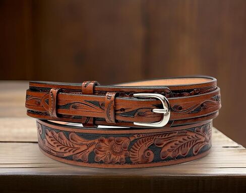 حزام جلدي غربي من رينجر، جلد محبب بالكامل منقوش بالزهور، حزام مسدس عالي التحمل من قطعة واحدة in Kuwait