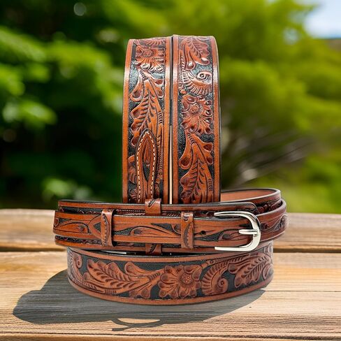 حزام جلدي غربي من رينجر، جلد محبب بالكامل منقوش بالزهور، حزام مسدس عالي التحمل من قطعة واحدة in Kuwait