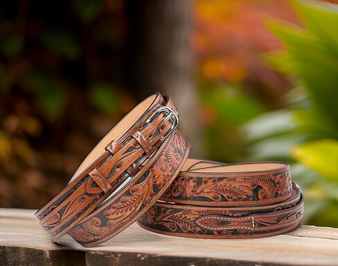 حزام جلدي غربي من رينجر، جلد محبب بالكامل منقوش بالزهور، حزام مسدس عالي التحمل من قطعة واحدة in Kuwait