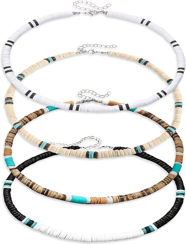4 Pcs Puka Shell Necklace for Men, Summer Beach Necklace for Women and Men, Brown Coconut Shell Beaded Necklace, Mens Surfer Necklace Choker, Hawaiian Necklace for Men Women in Saudi Arabia