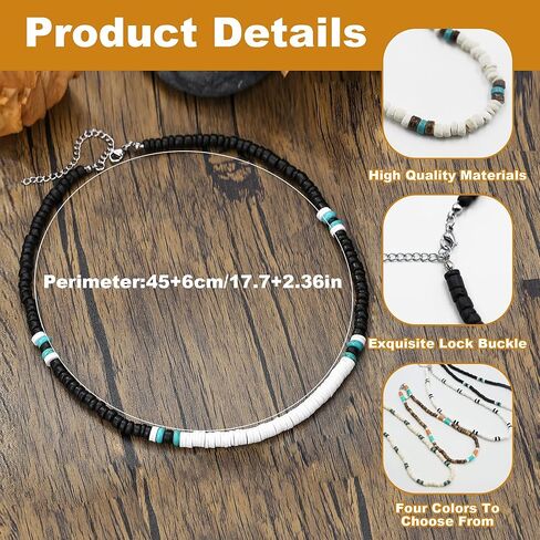 4 Pcs Puka Shell Necklace for Men, Summer Beach Necklace for Women and Men, Brown Coconut Shell Beaded Necklace, Mens Surfer Necklace Choker, Hawaiian Necklace for Men Women in Saudi Arabia