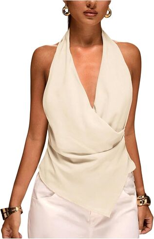 OYOANGLE Women's Y2K Draped Halter Tops Asymmetrical Hem Sleeveless Backless Wrap Front Going Out Tank Top in Saudi Arabia