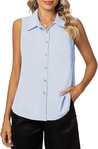 Women's Sleeveless Button Down Shirts Classic Collared Blouse Tops Basic Solid Business Casual Tank Tops in Saudi Arabia