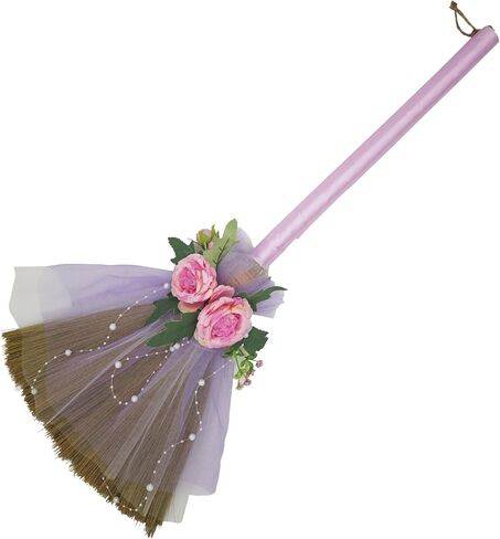 Wedding Broom Jumping Broom for Wedding Ceremony 28 inch Tall Whisk Brooms with Staw White Pampas Grass, Purple Butterfly/Ribbons （Finish Product） in Saudi Arabia