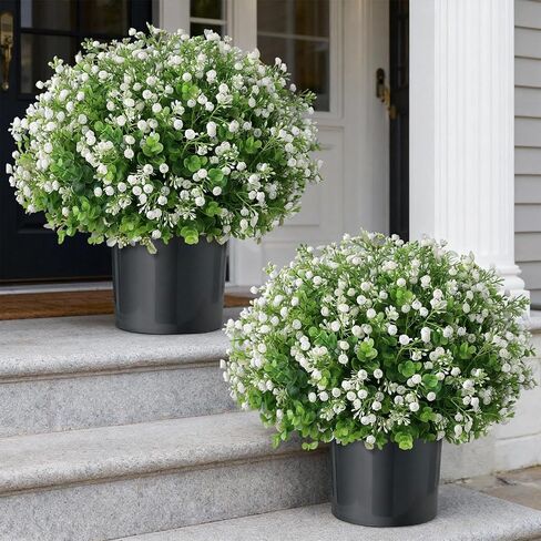 Artificial Eucalyptus with Baby's Breath Topiary Ball Trees - 2 Set Plastic Faux Eucalyptus Plants in Pot, Sun Resistant Fake Greenery Potted Bushes for Front Door Farmhouse Garden Porch Decor in Kuwait