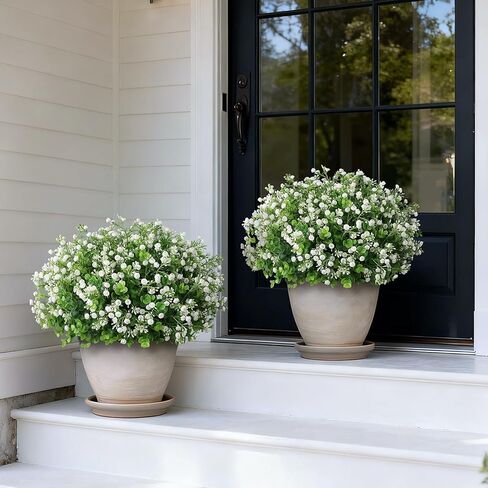 Artificial Eucalyptus with Baby's Breath Topiary Ball Trees - 2 Set Plastic Faux Eucalyptus Plants in Pot, Sun Resistant Fake Greenery Potted Bushes for Front Door Farmhouse Garden Porch Decor in Kuwait