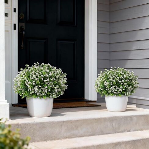 Artificial Eucalyptus with Baby's Breath Topiary Ball Trees - 2 Set Plastic Faux Eucalyptus Plants in Pot, Sun Resistant Fake Greenery Potted Bushes for Front Door Farmhouse Garden Porch Decor in Kuwait