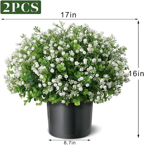 Artificial Eucalyptus with Baby's Breath Topiary Ball Trees - 2 Set Plastic Faux Eucalyptus Plants in Pot, Sun Resistant Fake Greenery Potted Bushes for Front Door Farmhouse Garden Porch Decor in Kuwait