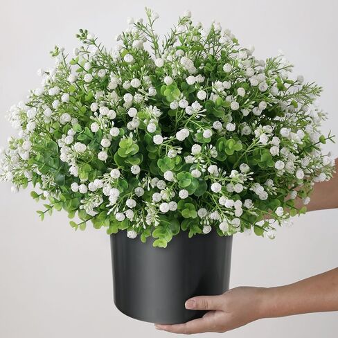 Artificial Eucalyptus with Baby's Breath Topiary Ball Trees - 2 Set Plastic Faux Eucalyptus Plants in Pot, Sun Resistant Fake Greenery Potted Bushes for Front Door Farmhouse Garden Porch Decor in Kuwait