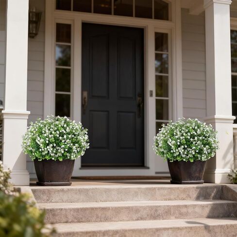 Artificial Eucalyptus with Baby's Breath Topiary Ball Trees - 2 Set Plastic Faux Eucalyptus Plants in Pot, Sun Resistant Fake Greenery Potted Bushes for Front Door Farmhouse Garden Porch Decor in Kuwait