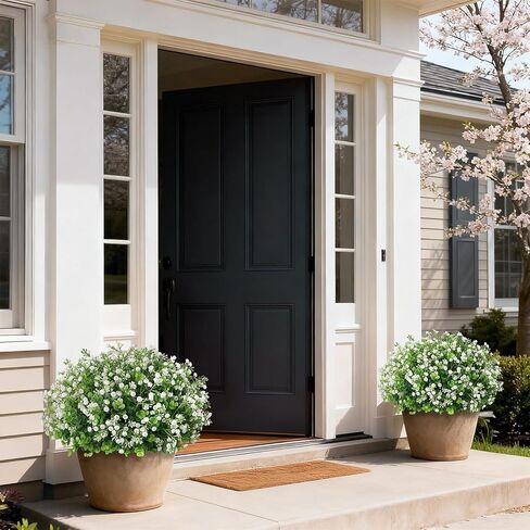 Artificial Eucalyptus with Baby's Breath Topiary Ball Trees - 2 Set Plastic Faux Eucalyptus Plants in Pot, Sun Resistant Fake Greenery Potted Bushes for Front Door Farmhouse Garden Porch Decor in Kuwait