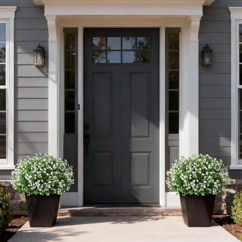 Artificial Eucalyptus with Baby's Breath Topiary Ball Trees - 2 Set Plastic Faux Eucalyptus Plants in Pot, Sun Resistant Fake Greenery Potted Bushes for Front Door Farmhouse Garden Porch Decor in Kuwait