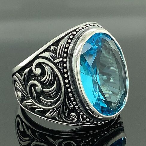 Silver Aquamarine Stone Ring, Man Handmade Sterling Silver Ring, Ottoman Style Ring, 925k Sterling Silver Ring, Gift For Him in Kuwait