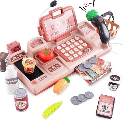 Cash Register for Kids Role Play Shopping Cashier Playset with Sound Scanner Food Shopping Basket Play Money Credit Card Gift for Boys Girls 3 4 5 6 7 8 Years in Saudi Arabia