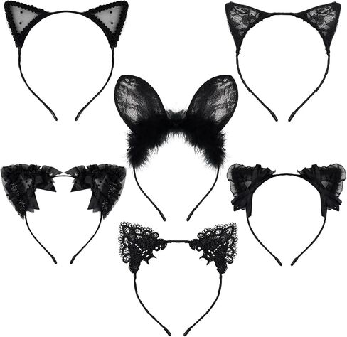 6PCS Lace Cat Ears Headbands - Black Lace Headwear for Women Fashion - Black Fancy Dress Hair Band for Cosplay, Costume Accessories, Party Decoration, for Age18+ in Saudi Arabia