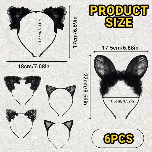 6PCS Lace Cat Ears Headbands - Black Lace Headwear for Women Fashion - Black Fancy Dress Hair Band for Cosplay, Costume Accessories, Party Decoration, for Age18+ in Saudi Arabia