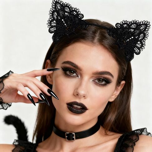 6PCS Lace Cat Ears Headbands - Black Lace Headwear for Women Fashion - Black Fancy Dress Hair Band for Cosplay, Costume Accessories, Party Decoration, for Age18+ in Saudi Arabia
