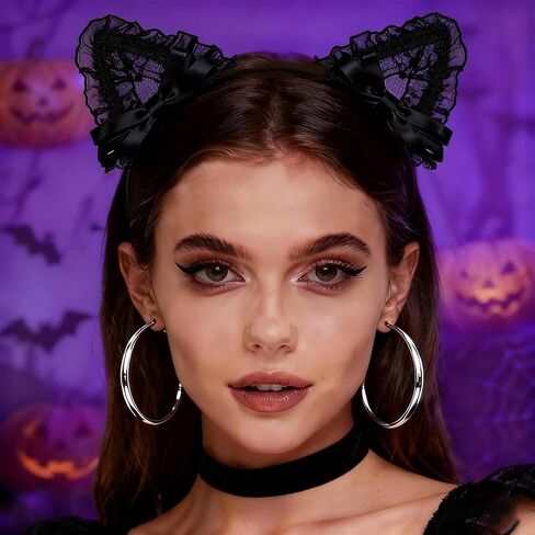 6PCS Lace Cat Ears Headbands - Black Lace Headwear for Women Fashion - Black Fancy Dress Hair Band for Cosplay, Costume Accessories, Party Decoration, for Age18+ in Saudi Arabia