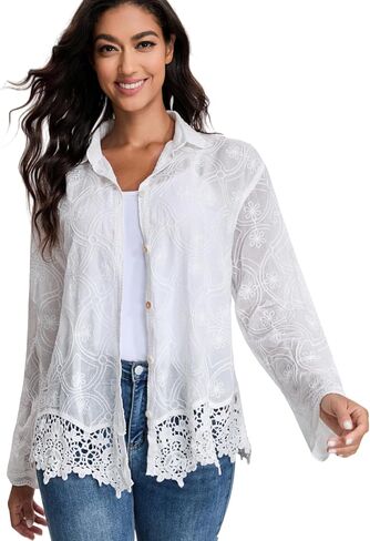Women's Boho Lace Embroidered Shirt Sheer Long Sleeve Button Down Blouse, Casual Loose Fit Crochet Hem Top for Spring Autumn in Saudi Arabia