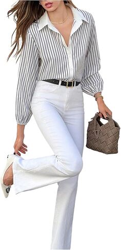 MakeMeChic Women's Striped Blouse Old Money Clothes Button Down Shirt Lantern Sleeve Collared Business Blouse Tops in Saudi Arabia