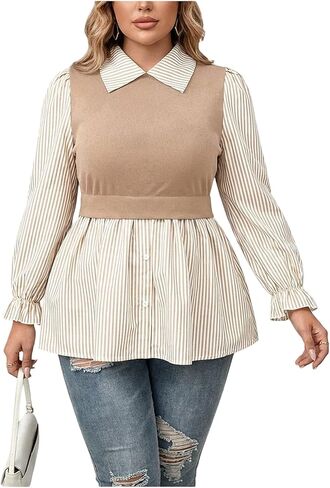 Women's Plus Size Striped Peplum Shirts Button Front Lantern Sleeve Collared 2 in 1 Work Office Blouses in Saudi Arabia