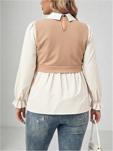 Women's Plus Size Striped Peplum Shirts Button Front Lantern Sleeve Collared 2 in 1 Work Office Blouses in Saudi Arabia