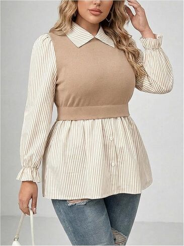 Women's Plus Size Striped Peplum Shirts Button Front Lantern Sleeve Collared 2 in 1 Work Office Blouses in Saudi Arabia