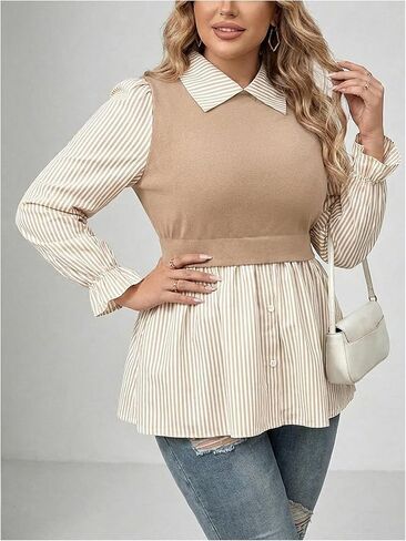 Women's Plus Size Striped Peplum Shirts Button Front Lantern Sleeve Collared 2 in 1 Work Office Blouses in Saudi Arabia